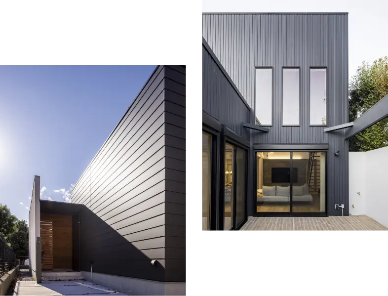 黒色のガルバリウム鋼板の外壁を使った家